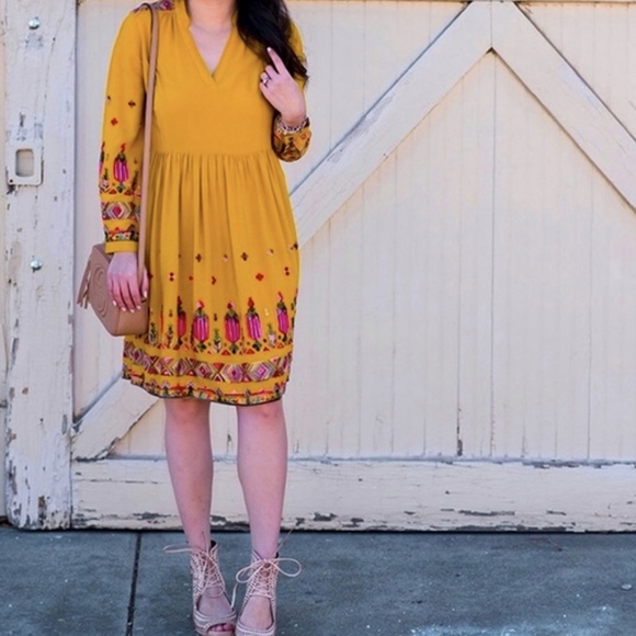 Anthropologie Dresses & Skirts - Anthropologie Mustard Yellow Embroidered Border Long-Sleeve Dress